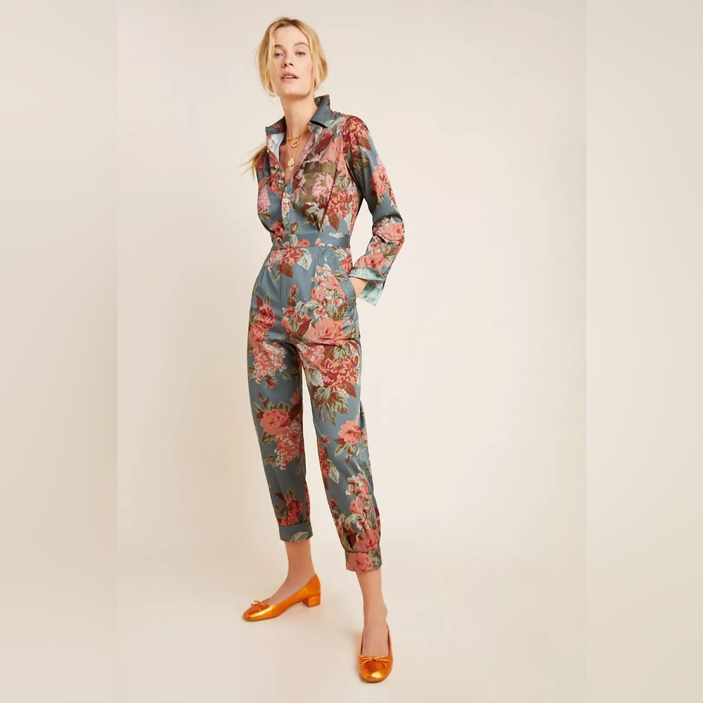 Anthropologie Floral Jumpsuit in Blue and Pink